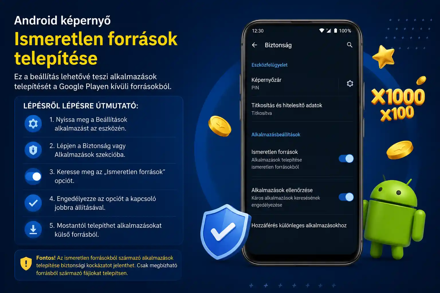 Ismeretlen forrásból történő telepítés engedélyezése Android beállításokban