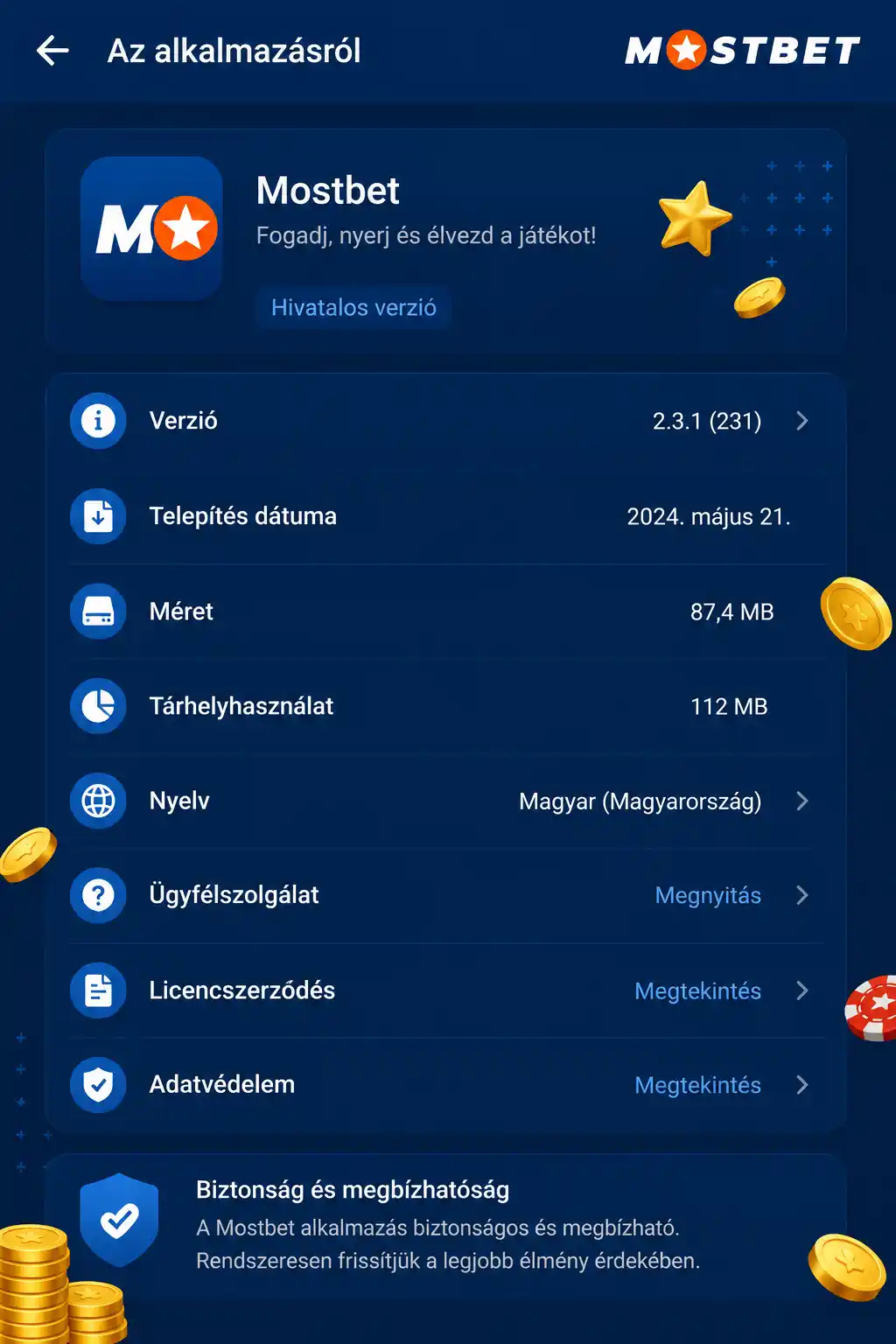 Az alkalmazás verzióadatai és a szükséges tárhely mérete