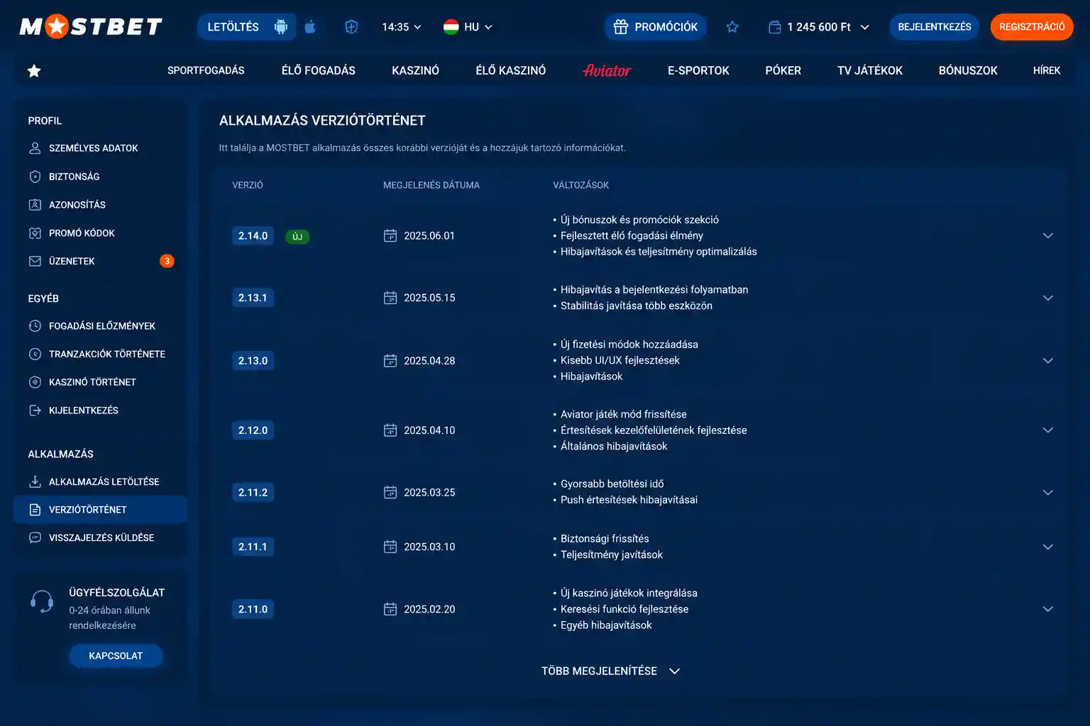 Az alkalmazás verziótörténete a kiadási dátumokkal