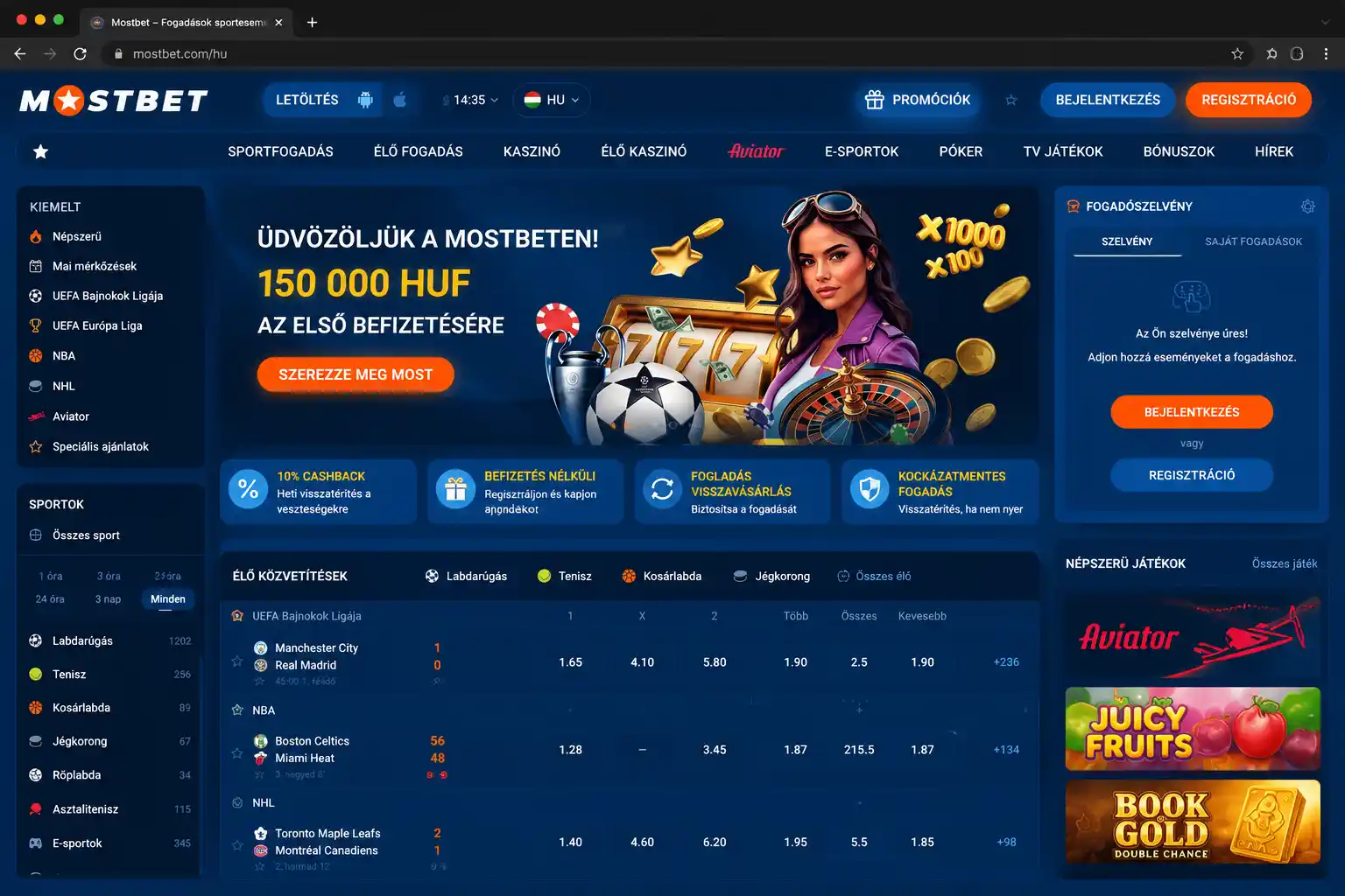 A Mostbet weboldal felülete asztali böngészőben, széles kijelzőn