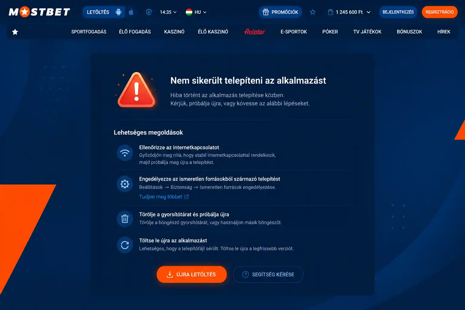 Telepítési hibaüzenet megoldási javaslattal az alkalmazás képernyőjén