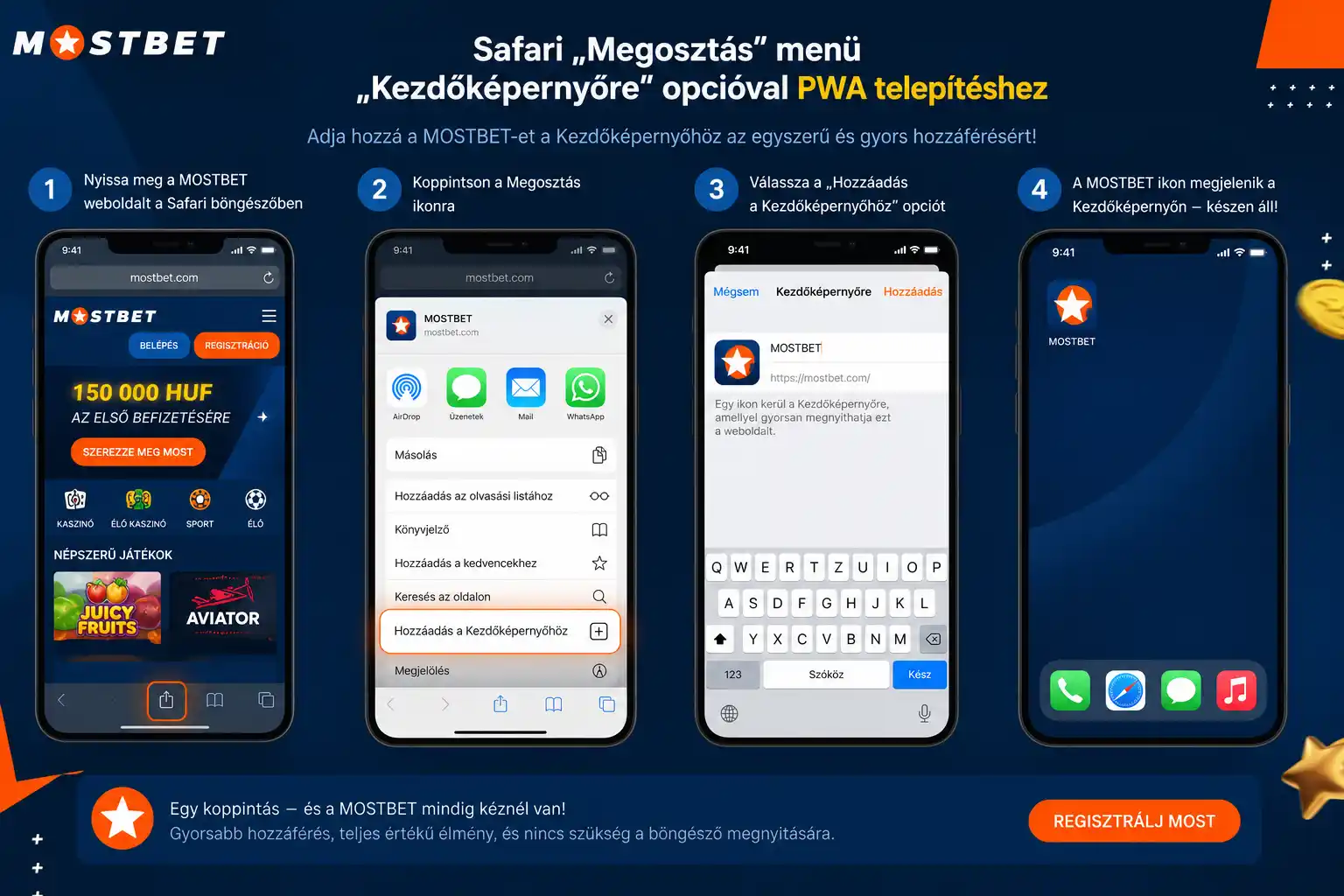 Megosztás menü Safari böngészőben a Kezdőképernyőhöz adás funkcióval