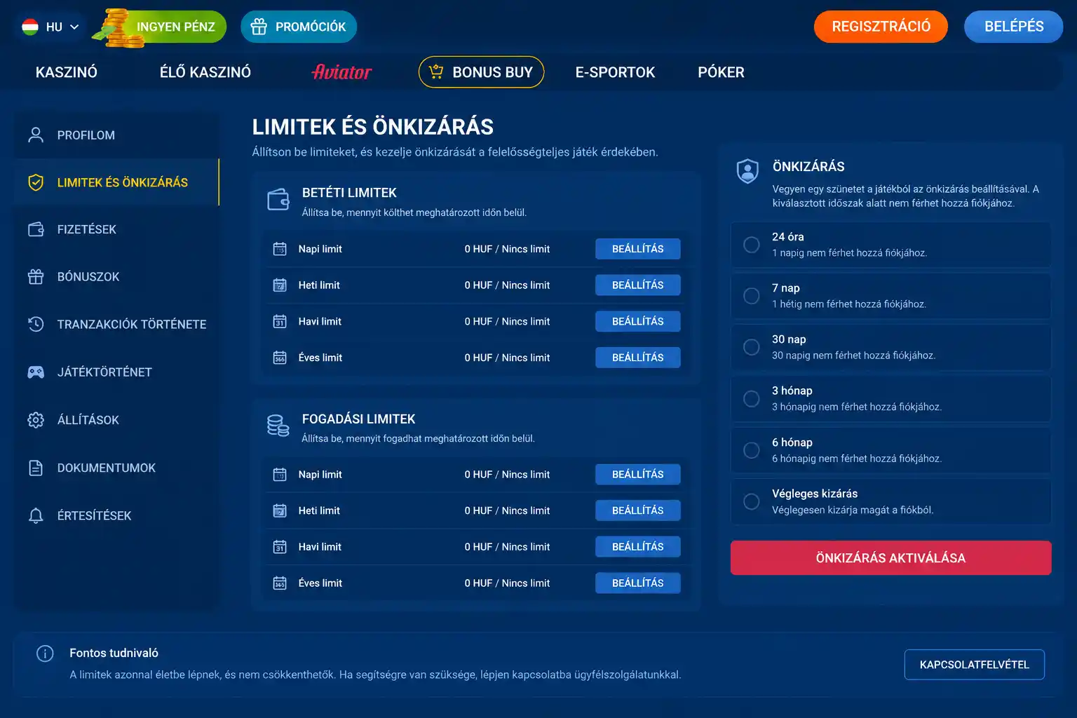 Fiókbeállítások felülete a limit- és önkizárási opciókkal