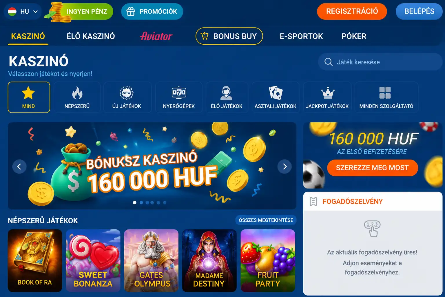 A Mostbet kaszinó főoldalának kezelőfelülete, játékkategóriák kiemelésével