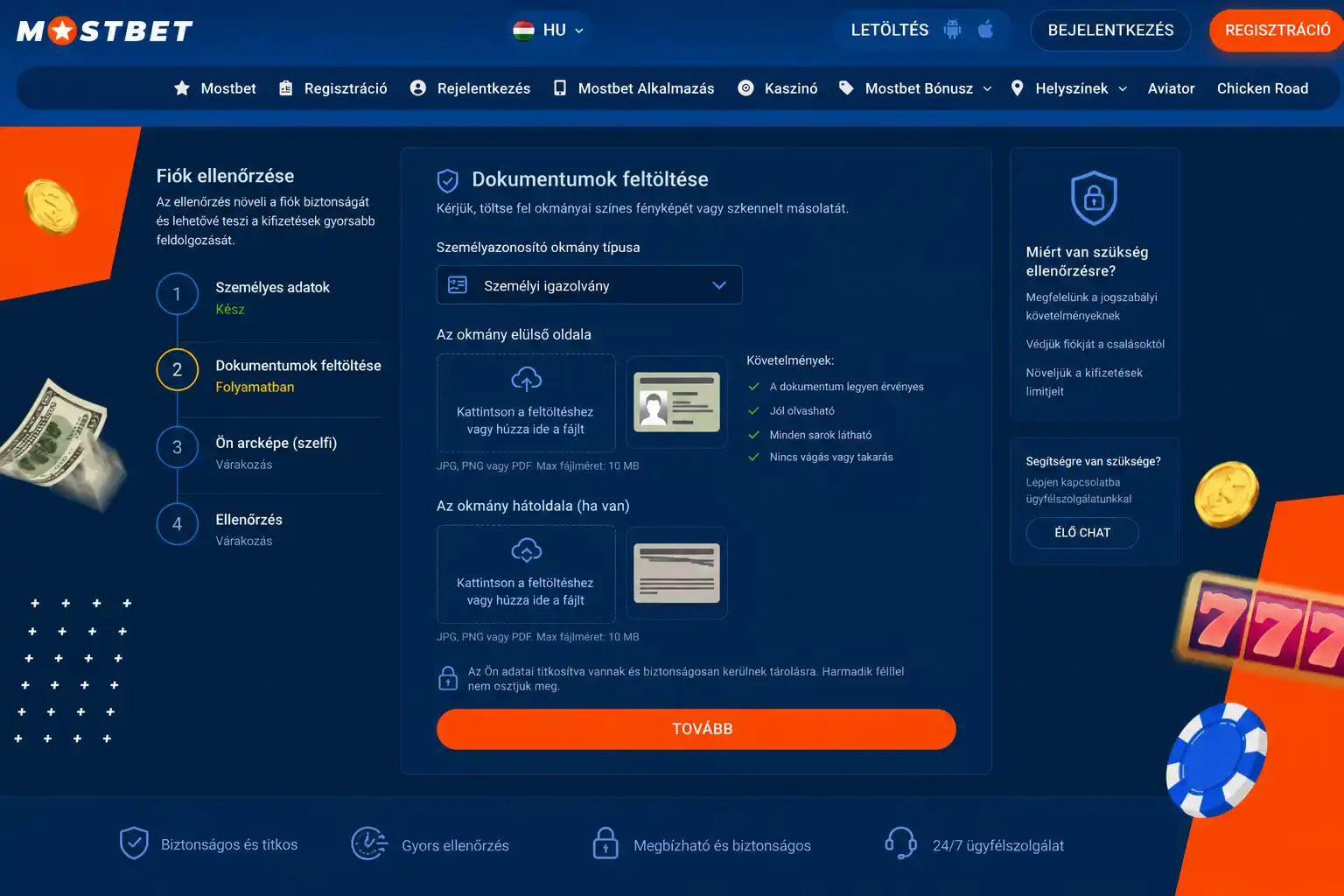 Fiókellenőrzési (KYC) szakasz a Mostbet felhasználói felületén dokumentumfeltöltéssel