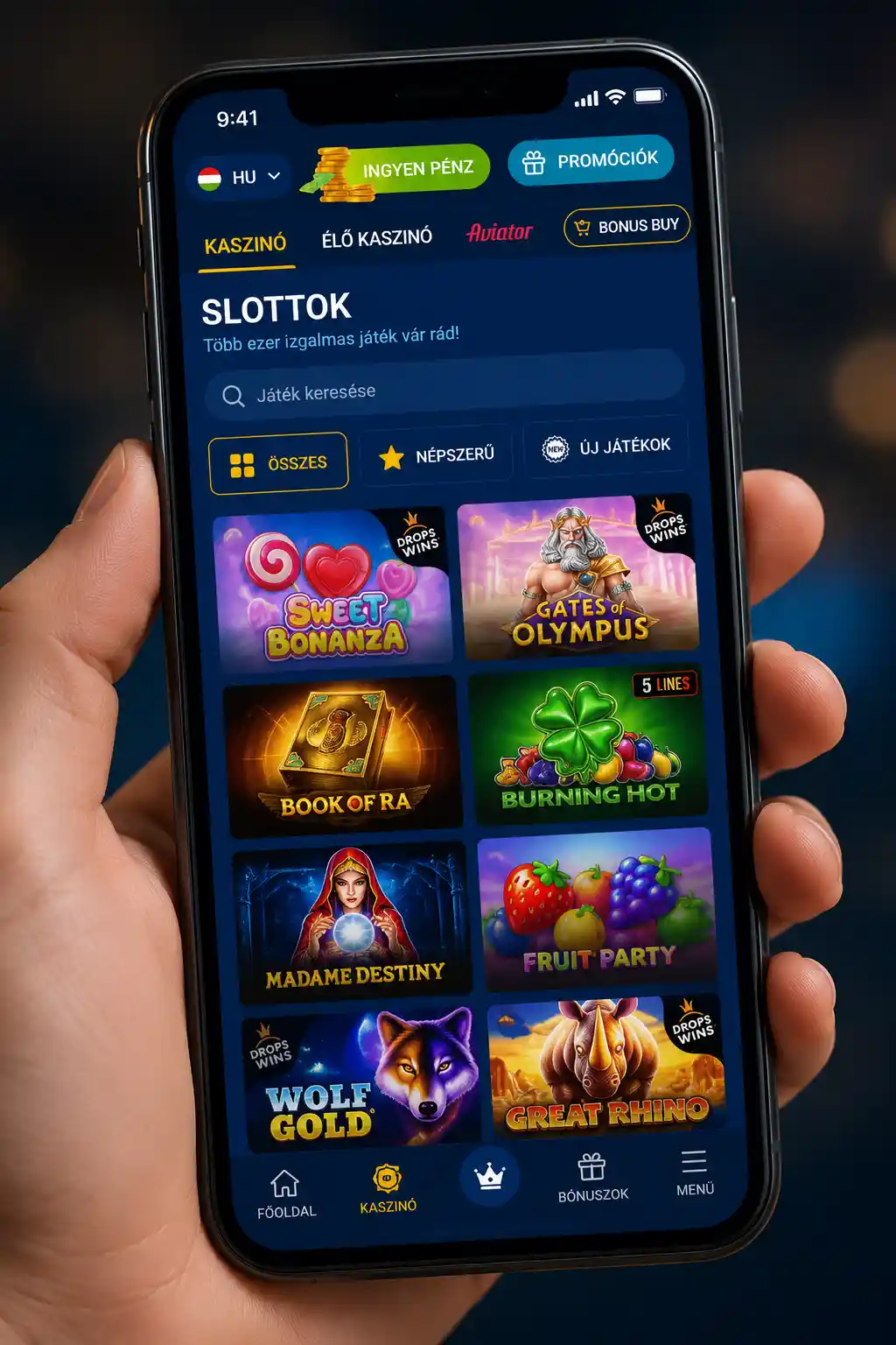 Mostbet kaszinó mobilos felülete okostelefonon, nyerőgép-kategóriával