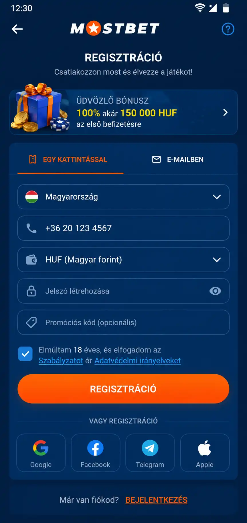 Regisztrációs képernyő a Mostbet mobilalkalmazásban Androidon