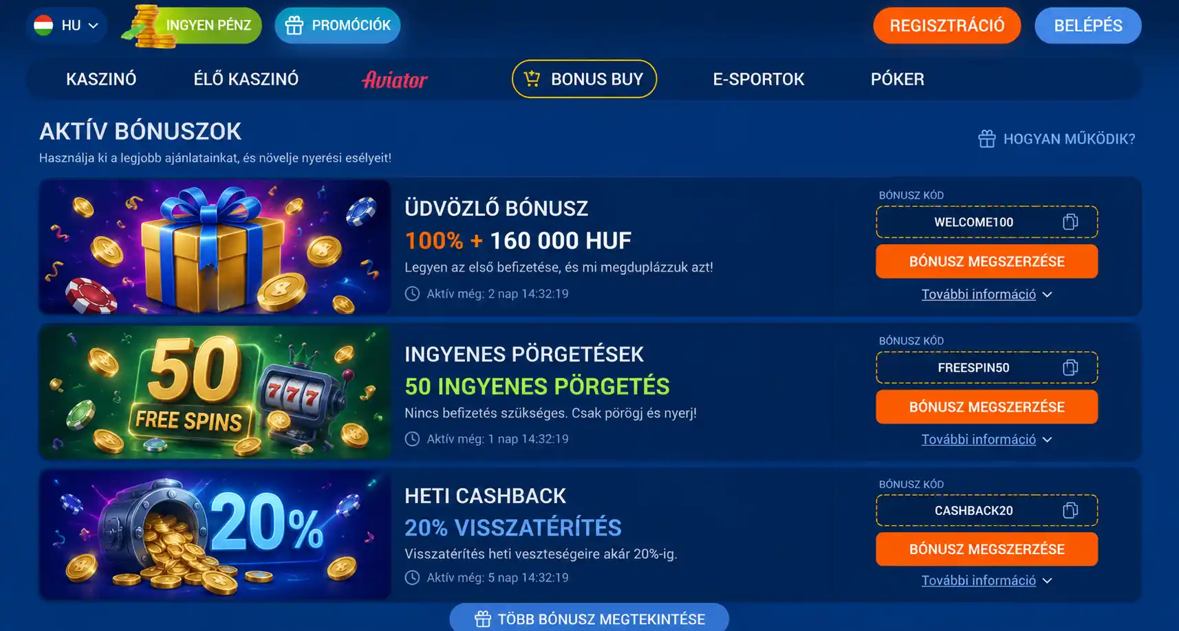 Promóciós felület, aktív ajánlatok listájával