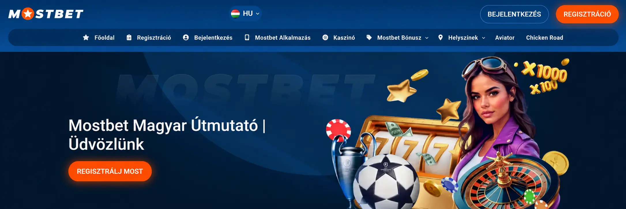 A Mostbet főoldala a Regisztráció gombbal a jobb felső sarokban