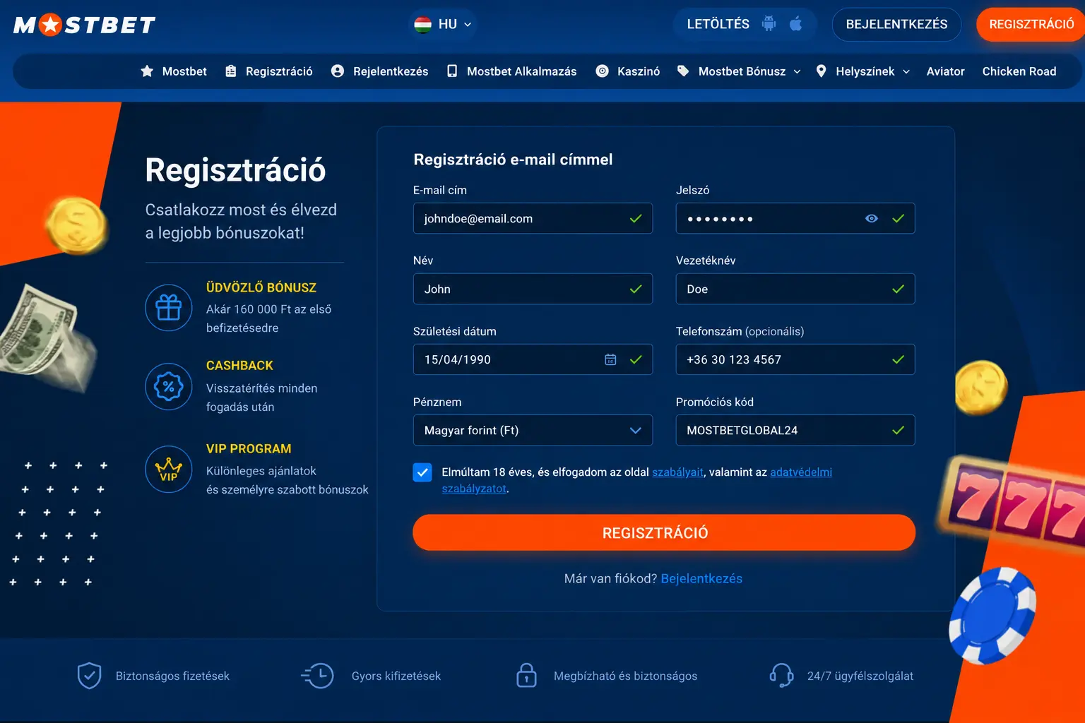 Kitöltött Mostbet regisztrációs űrlap számítógépen, promóciós kód mezővel és Ft pénznemmel