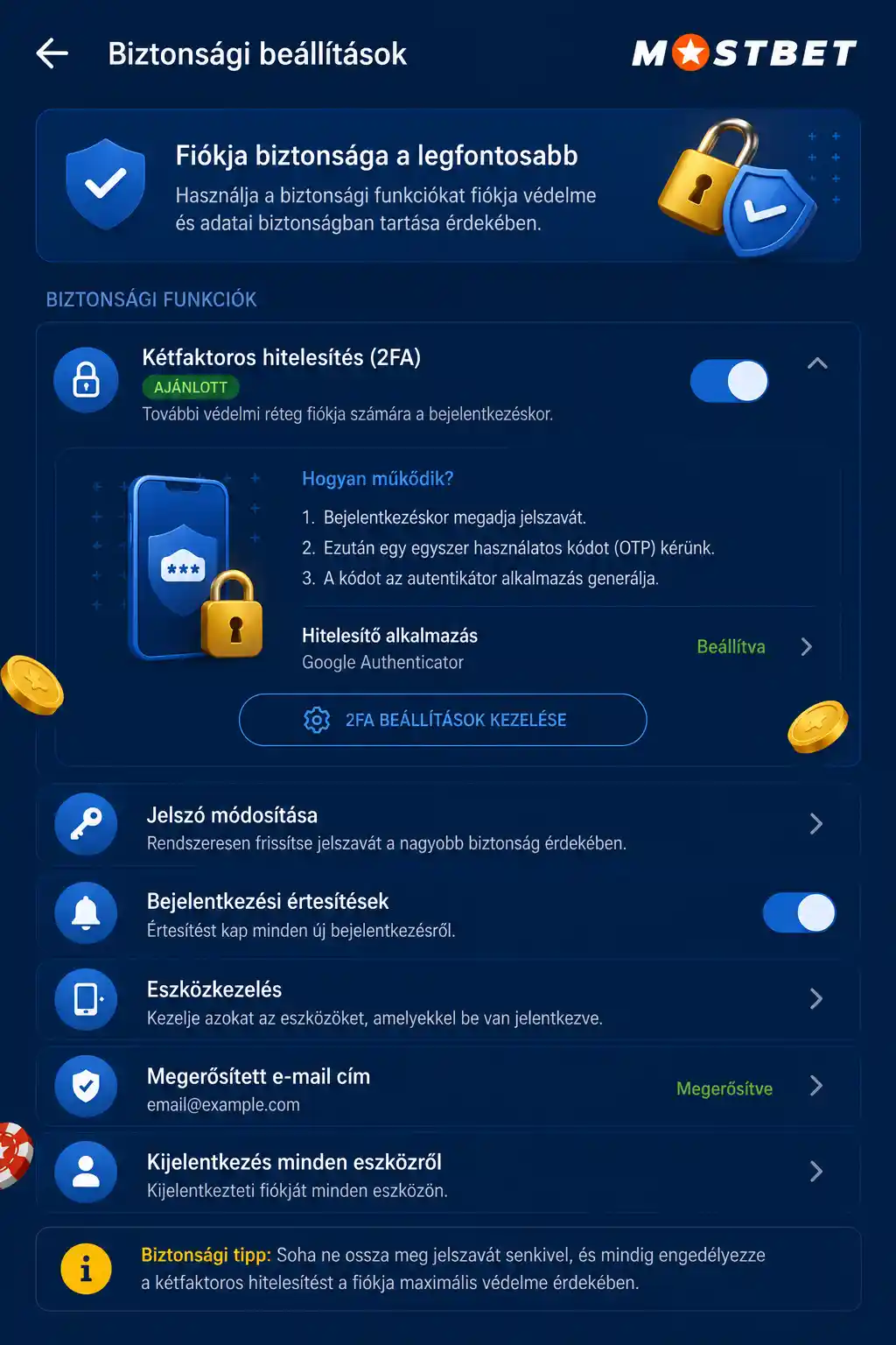 A kétfaktoros hitelesítés beállítási képernyője az alkalmazásban